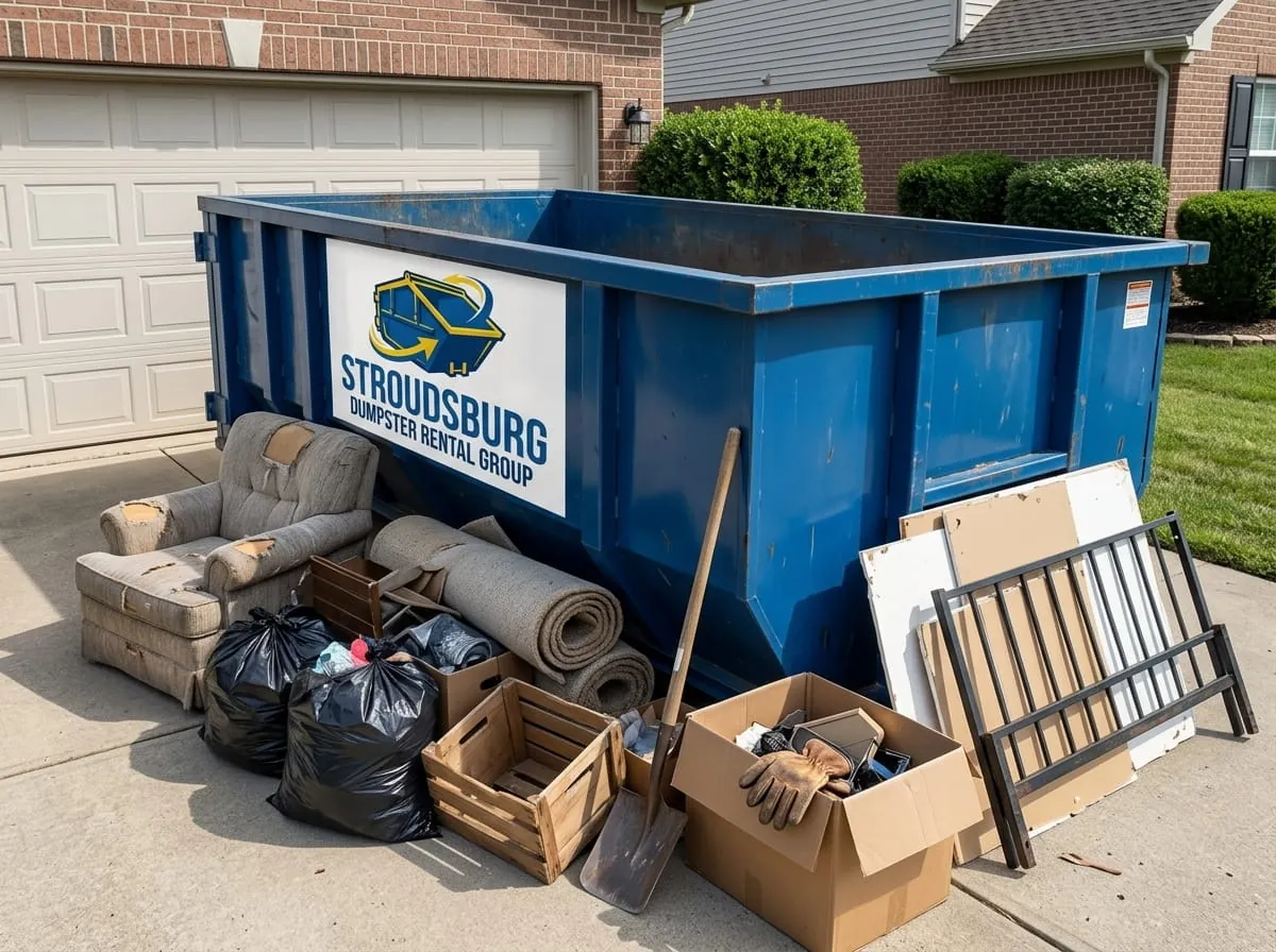 Heavy demolition dumpster being loaded onto a truck in Stroudsburg, PA